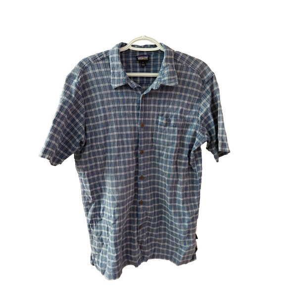 Patagonia Men's Large Button Down Plaid Org Cotton Short Sleeve Blue - Picture 1 of 10